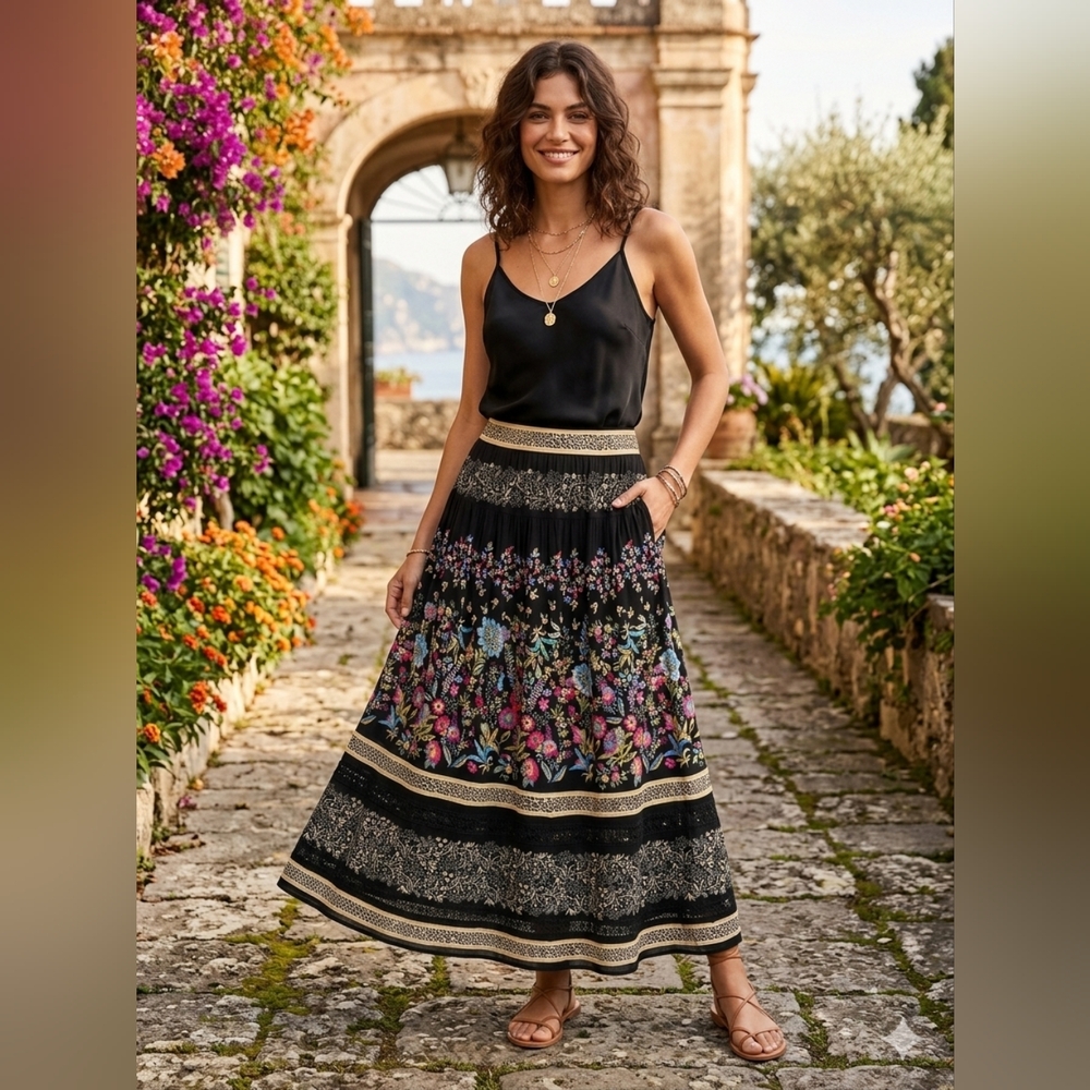 Rafaella Vintage Black Maxi Skirt with Multicolor Floral Embroidery With Pockets